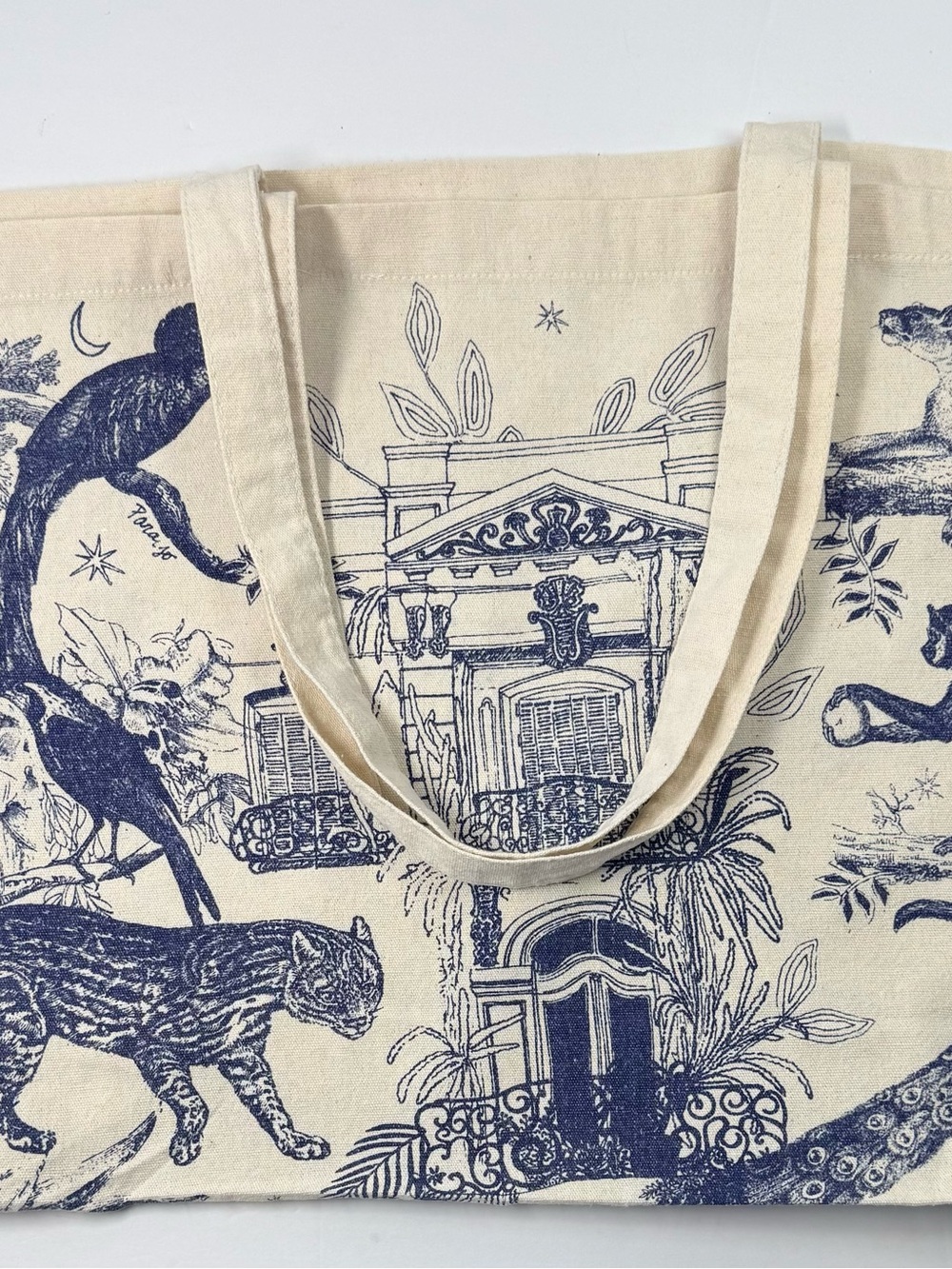 Sezane Maia Bunge Tote Blue Jungle Paradiso Print canvas tote bag. - Picture 3 of 9